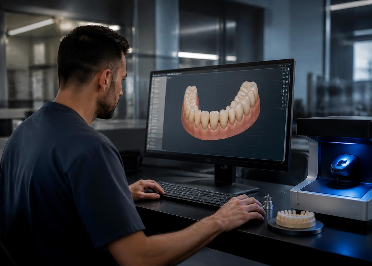 Técnico dental diseñando una rehabilitación de arco completo en software CAD